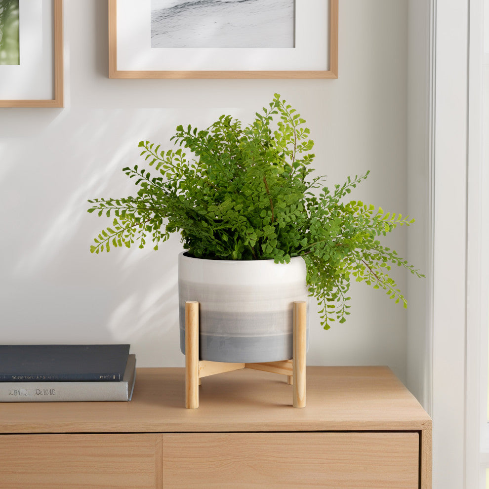 8" Ceramic Planter With Wood Stand, Beige Mix