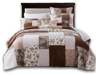Bohemian Patchwork Dusty Rose Pink & Chocolate Brown Floral Bedspread Set, Twin