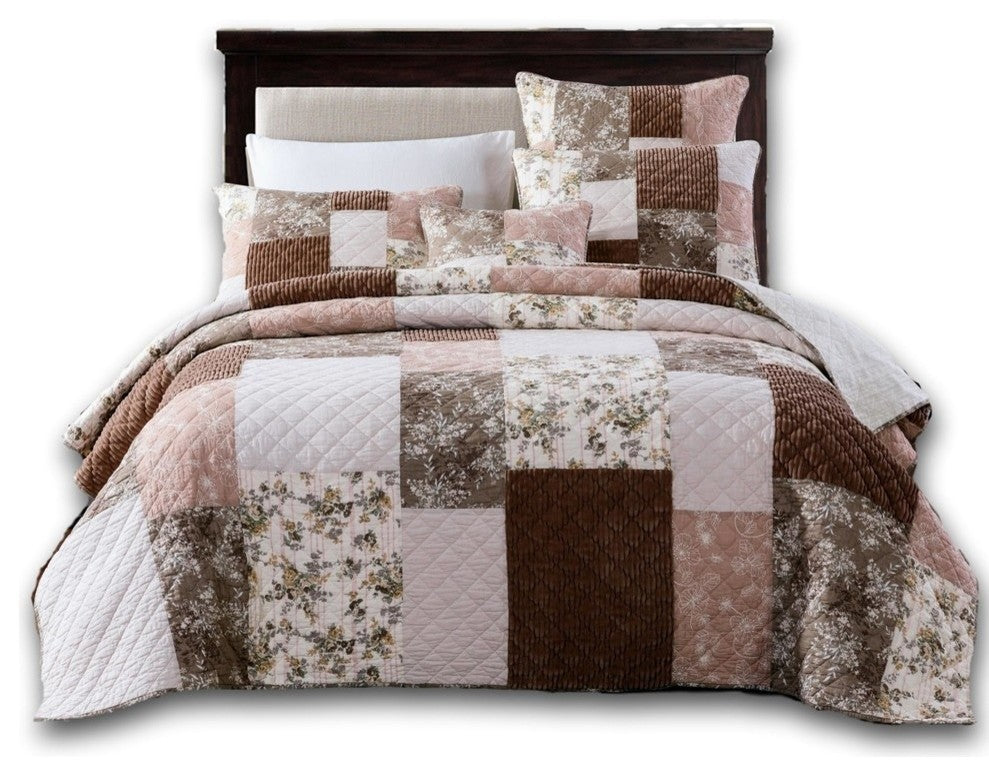 Bohemian Patchwork Dusty Rose Pink & Chocolate Brown Floral Bedspread Set, Twin