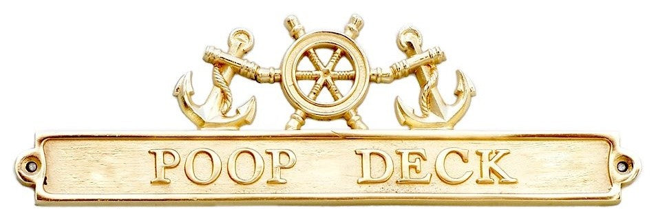 Brass Poop Deck Sign With Ship Wheel and Anchors 12"