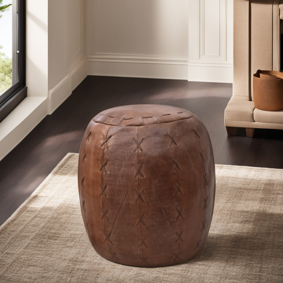 Solid Handmade Leather Pouf, 14x14x14