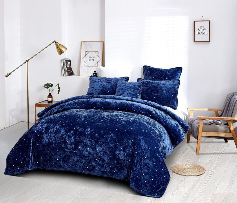 Velvet Dreams Dark Blue Plush Diamond Tufted Bedspread, Cal King