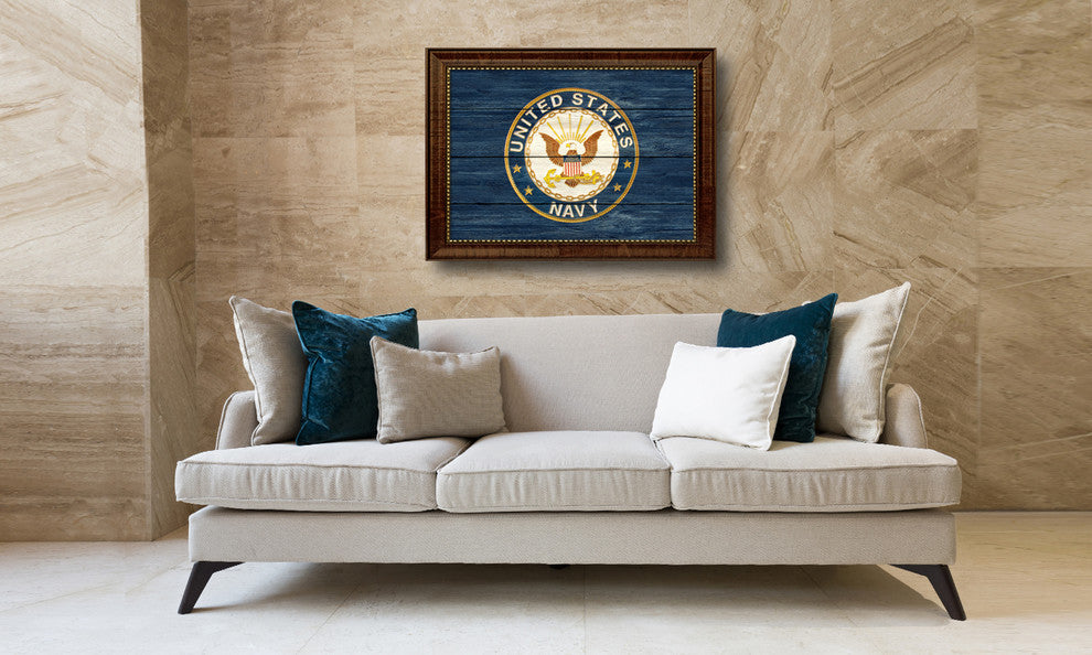 US Navy Military Textured Flag Print With Brown Gold Frame, 15"X21"