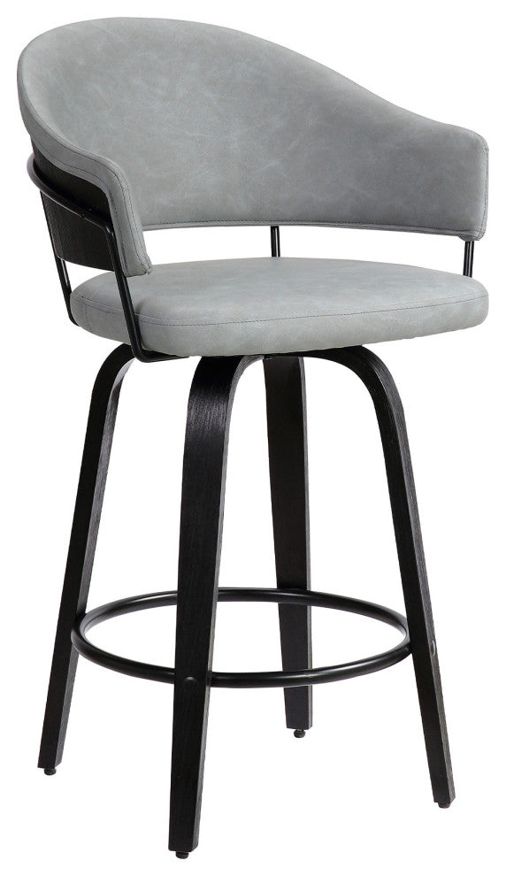 26" Dark Gray Faux Leather Black Wood Swivel Bar Stool