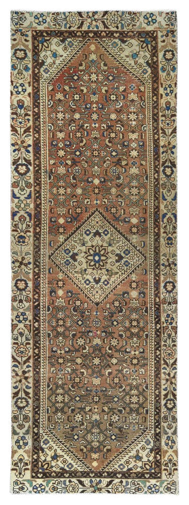 Almond Brown Vintage Persian Hamadan Hand Knotted Pure Wool Runner Rug, 3'4"x10'