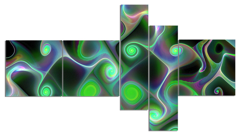 Dark Green Fractal Swirls, Abstract Wall Art Canvas, 60"x32", 5 panels