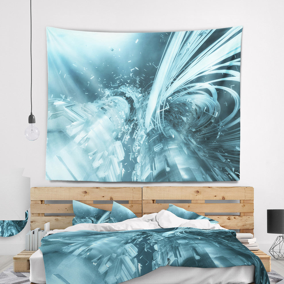 Fractal 3D Light Blue Collision Contemporary Wall Tapestry, 92"x78"