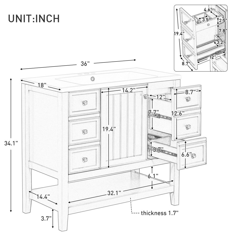 36 Inch Freestanding Bathroom Vanity Set in Blue with Drawers and Ceramic Sink, Blue