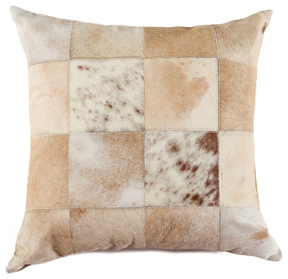 18"x18" Torino Patchwork Cowhide Pillow, Salt and Pepper Taupe/White