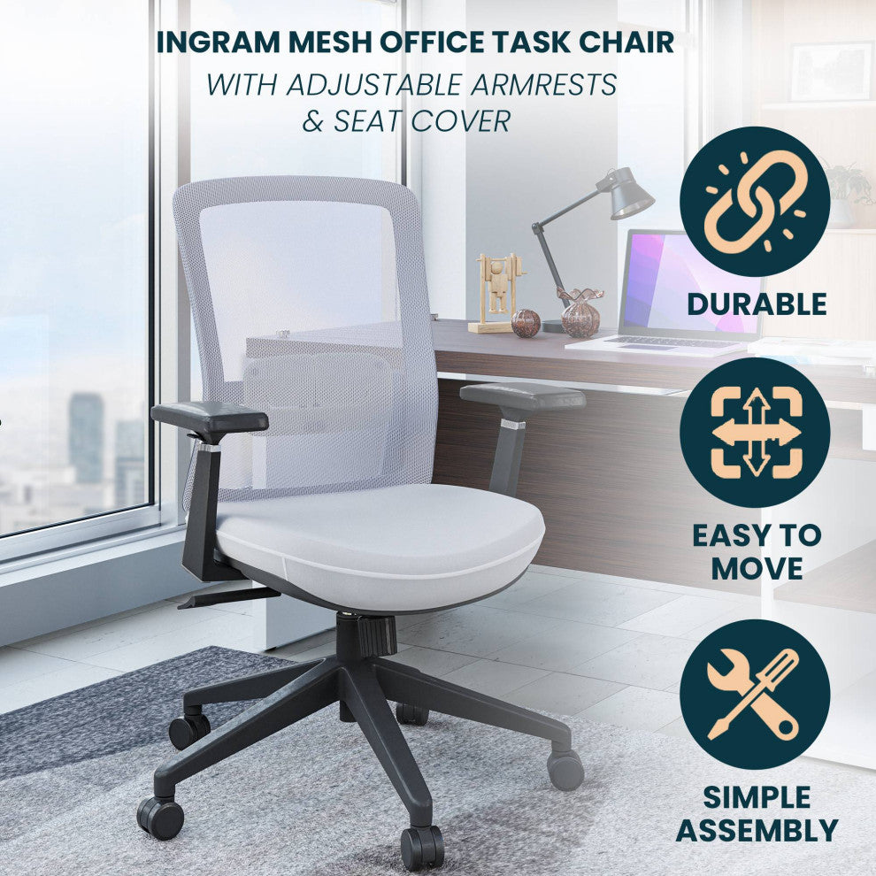 LeisureMod Ingram Modern Mesh Office Task Chair With Adjustable Armrests, White/White