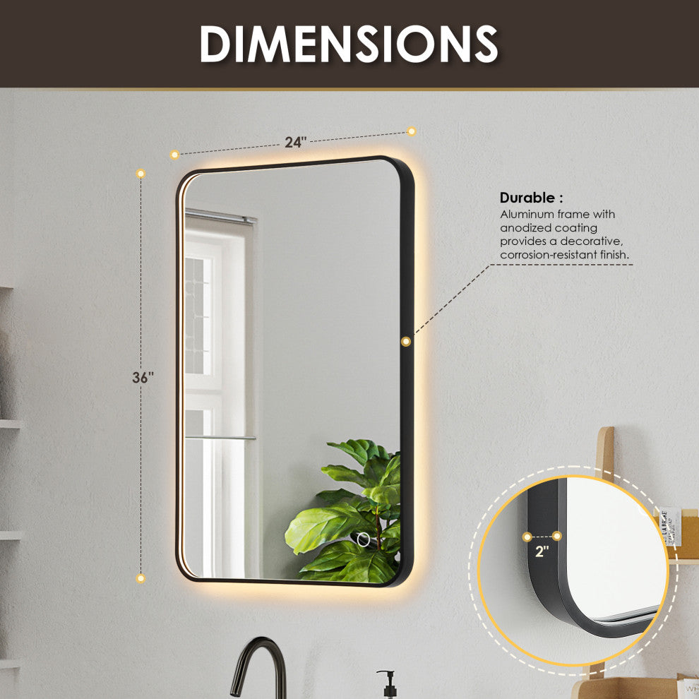 Dazzle Rectangular Bathroom/Vanity LED Lighted Wall Mirror, Matte Black, 24"