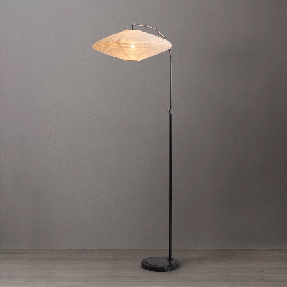 Roswell Floor Lamp Matte Black Finish, White Linen Shade, Black Marble Base