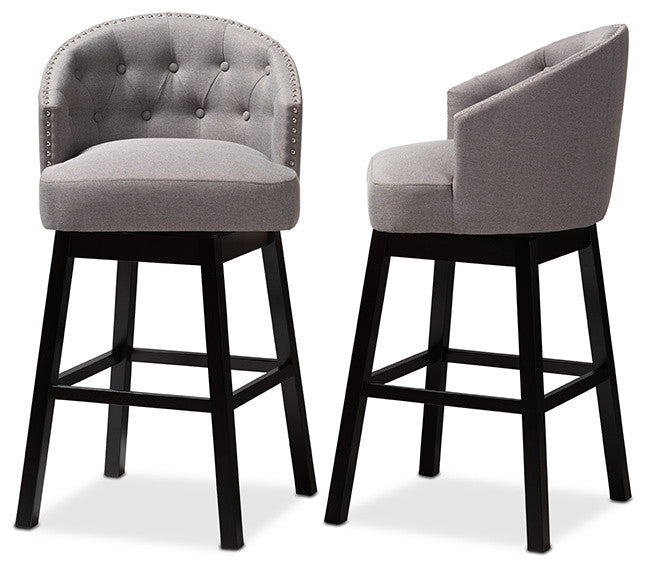 Theron Transitional Gray Fabric Upholstered Wood Swivel Bar Stool Set Of 2