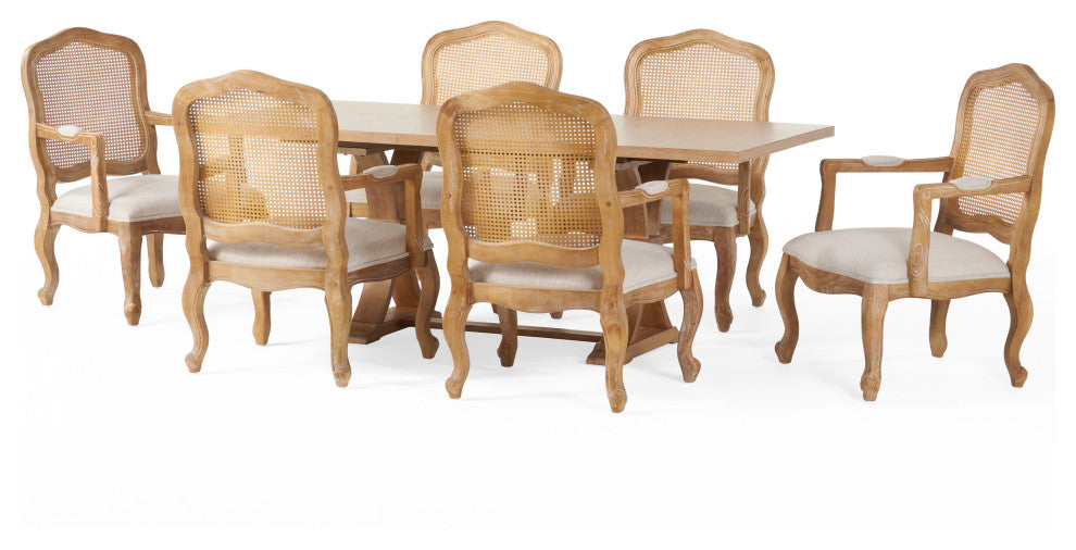 Biorn French Country Wood and Cane 7-Piece Expandable Dining Set, Beige/Natural