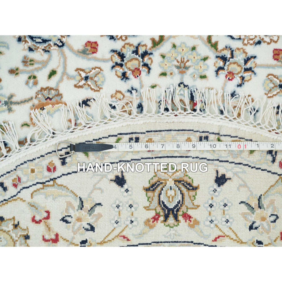 Powder White, Hand Knotted, Nain Design, 250 KPSI Wool Round Rug, 4'1"x4'1"