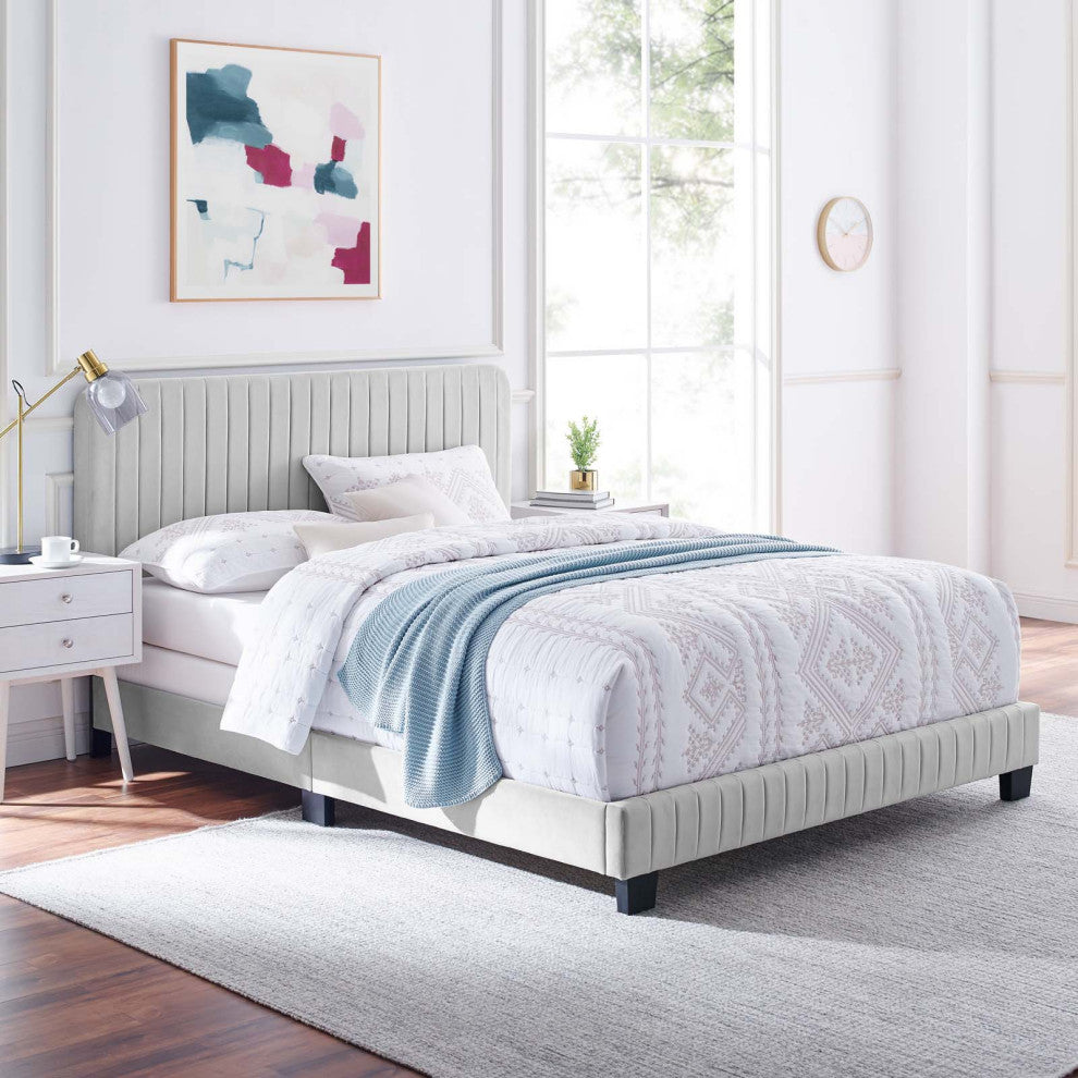 Tufted Platform Bed Frame, Queen Size, Velvet, Grey Gray, Modern Contemporary