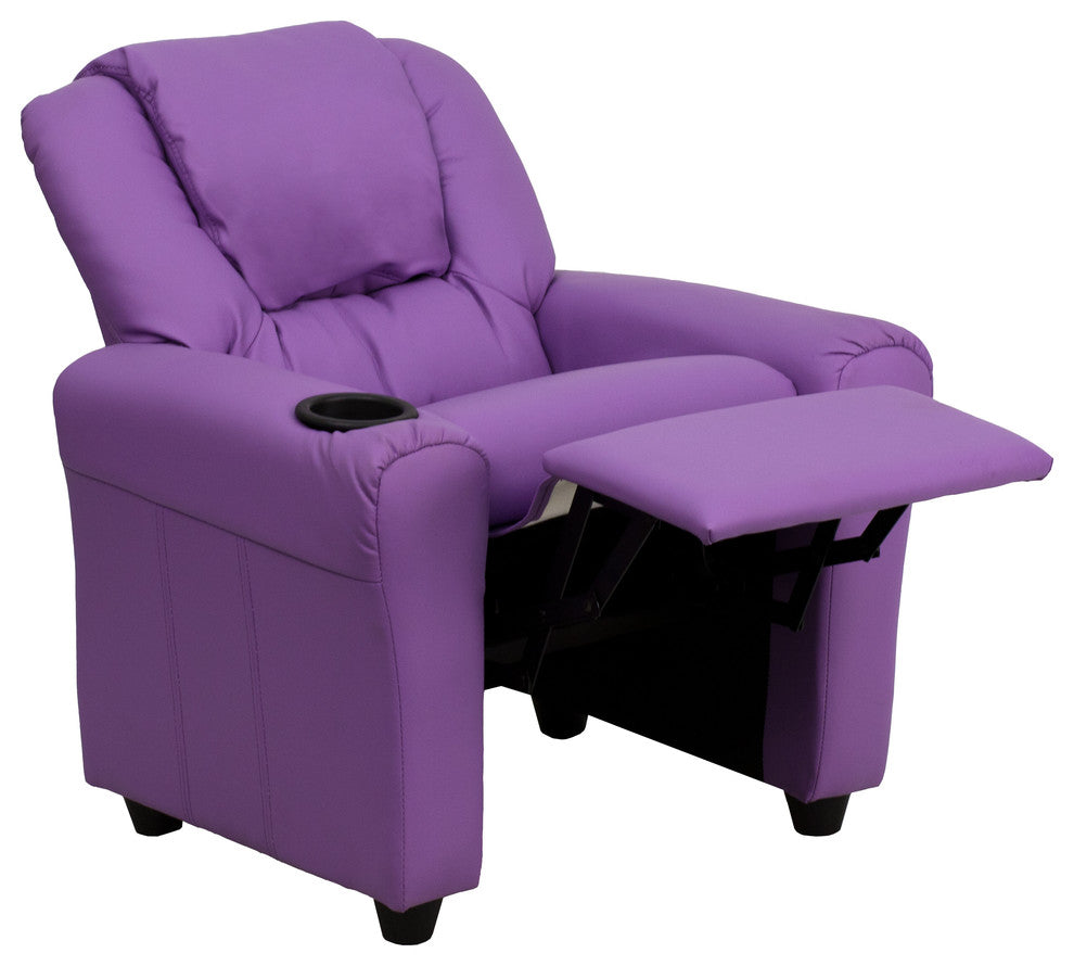 Contemporary Lavender Vinyl Kids Recliner with Cup Holder and Headrest