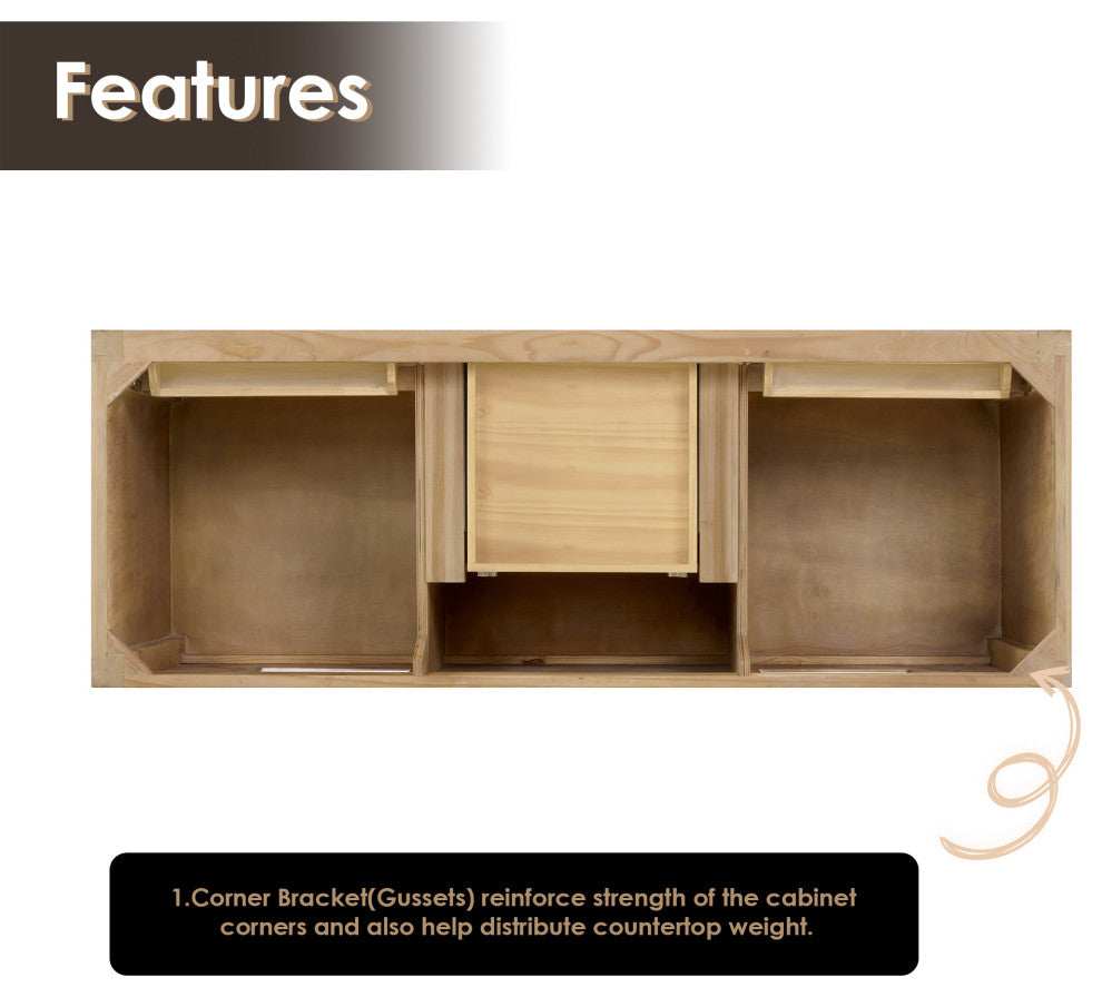 Solana Bathroom Vanity with Calacatta White Quartz Stone Countertop, Weathered Fir, 60", Without Mirror