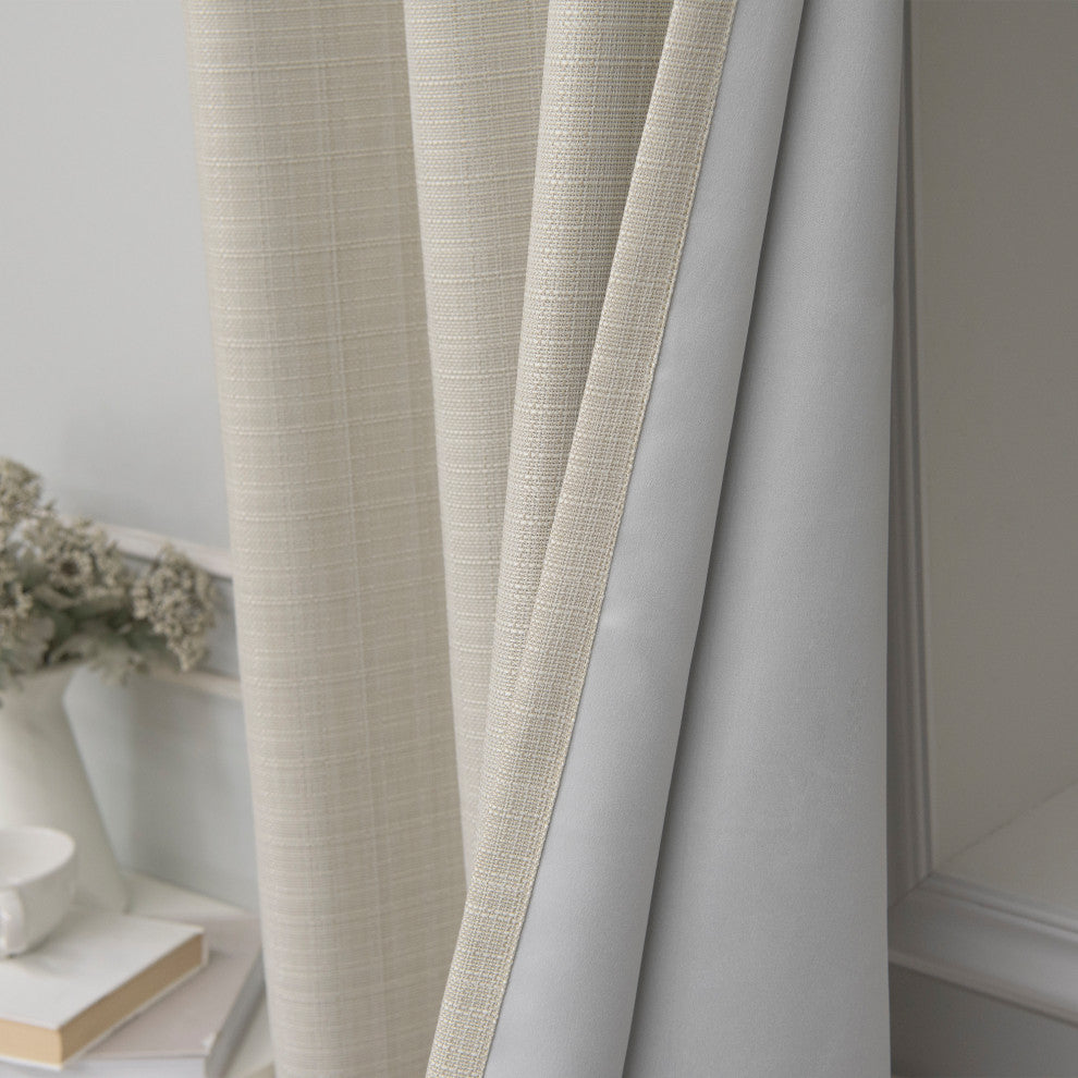 Woven Faux Linen Grommet Curtains with Blackout Lining, Ivory, 52"x84"