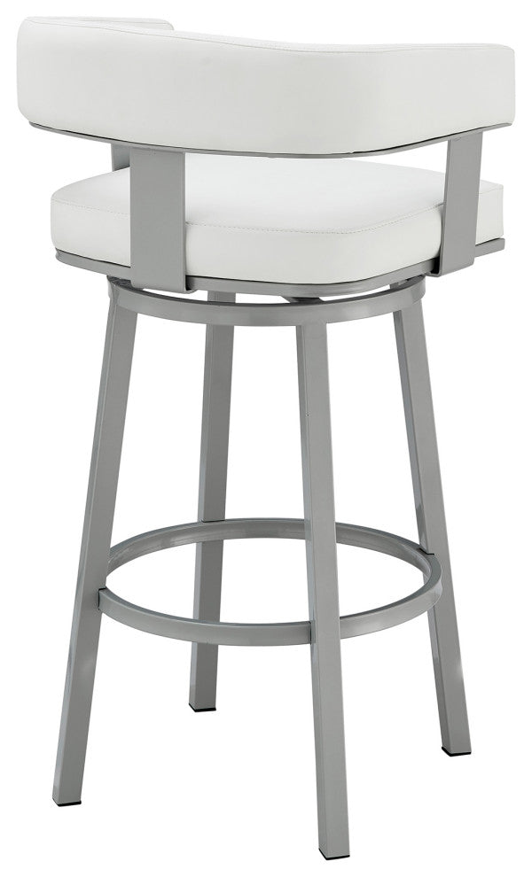 Lorin Counter Height Swivel Bar Stool, Black Finish and Black Faux Leather, Silver/White, Counter Height