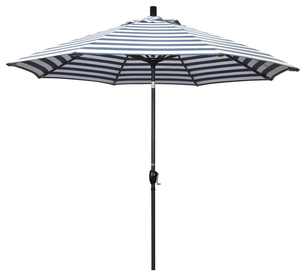 9' Black Tilt Crank Aluminum Umbrella, Navy White Cabana Stripe Olefin