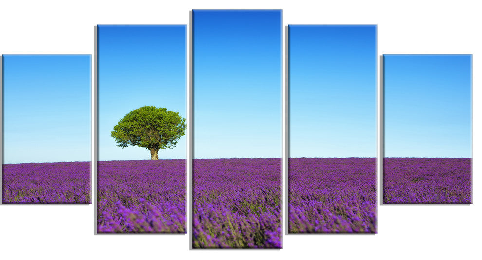 "Green Tree Among Lavender Flowers" Landscape Wall Art Print, 5 Panels, 60"x32"