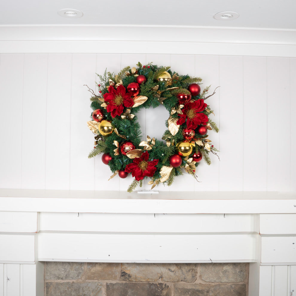 30" Lighted Christmas Wreath, Golden Leaf Red Magnolia