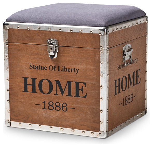 Violetta Vintage Industrial Light Gray Upholstered Storage Trunk Ottoman