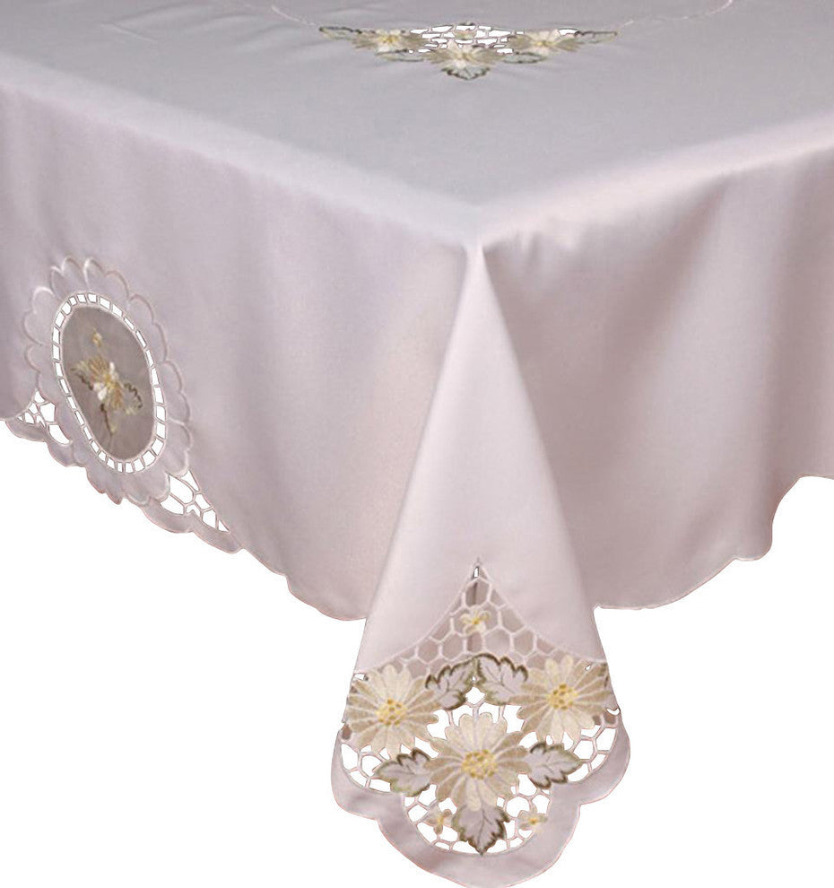 Elegant Daisy Embroidered Cutwork Tablecloth, 70x144