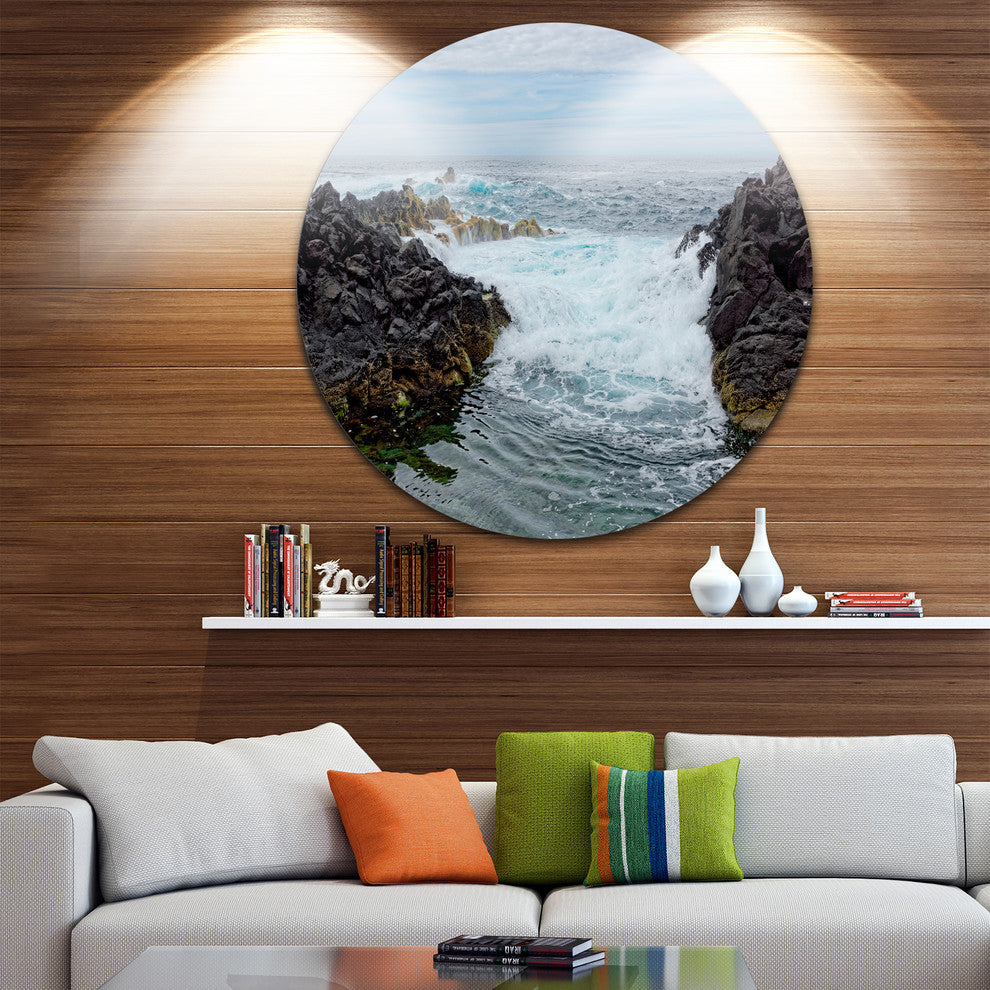 Splashing Waters To Mossy Rock, Seashore Round Wall Art, 11"