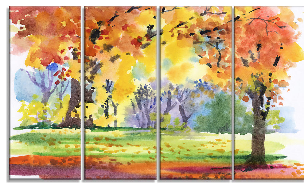 "Autumn Park Yellow Trees Watercolor" Landscape Wall Wall Art, 4 Panels, 48"x28"