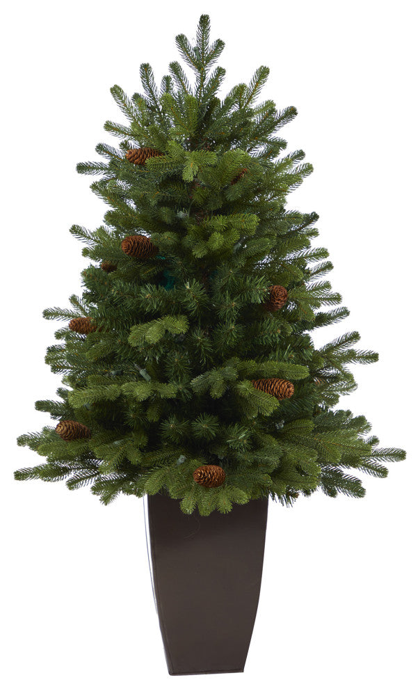 3.5' Yukon Mountain Fir Faux Xmas Tree W/50 Lights & Pinecones, Bronze Planter