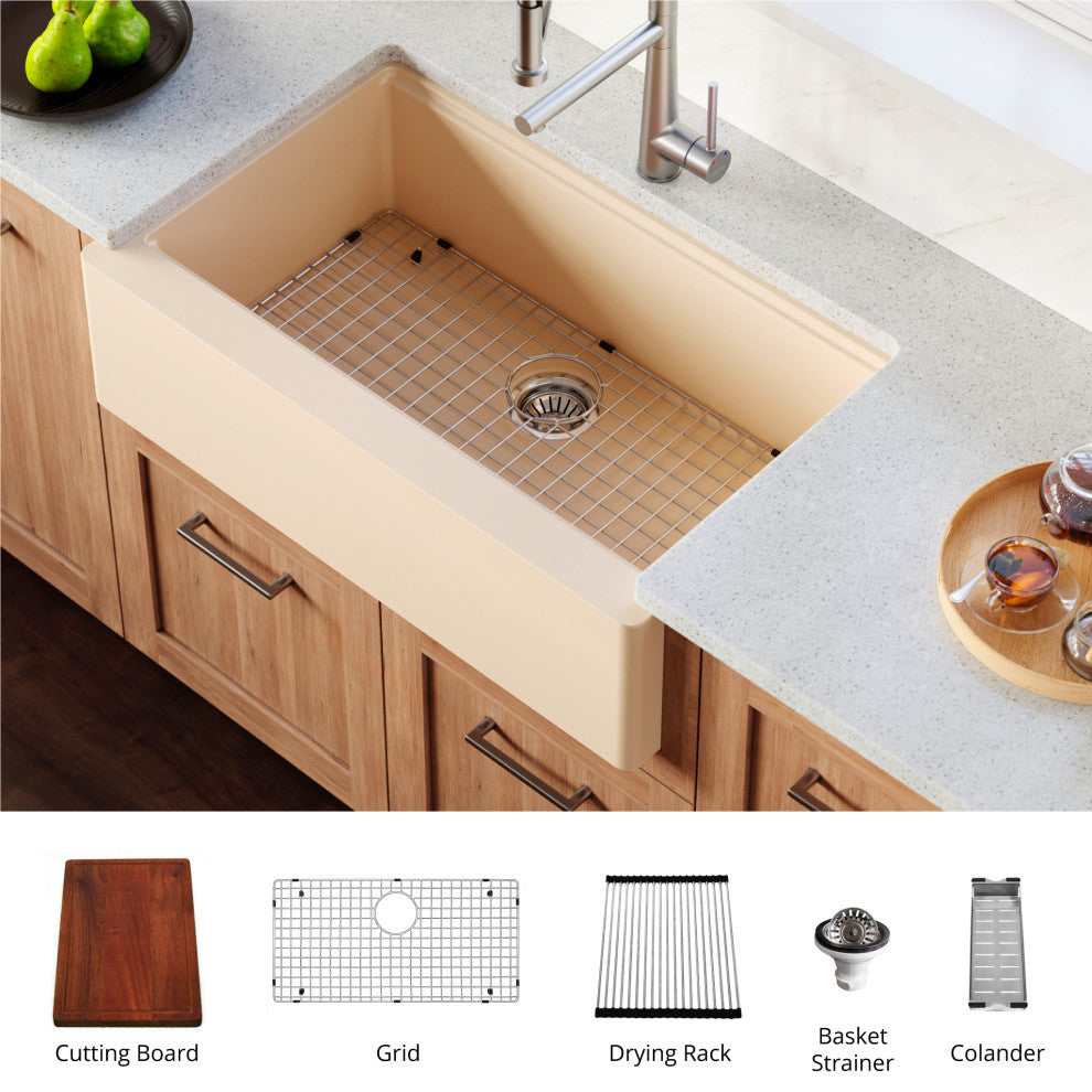 Karran 34" Quartz Farmhouse Single Bowl Workstation Kitchen Sink, Bisque