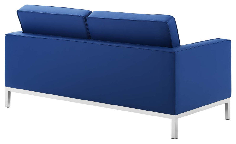 Tufted Loveseat and Sofa Set, Faux Leather, Silver Blue Navy, Modern, Lounge