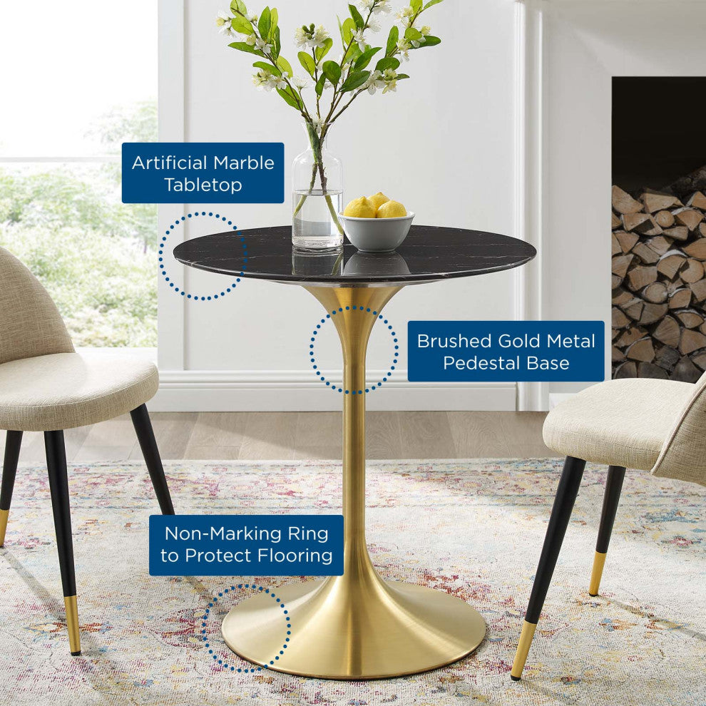 Dining Table, Round, Artificial Marble, Metal, Gold Black, Modern, Cafe Bistro