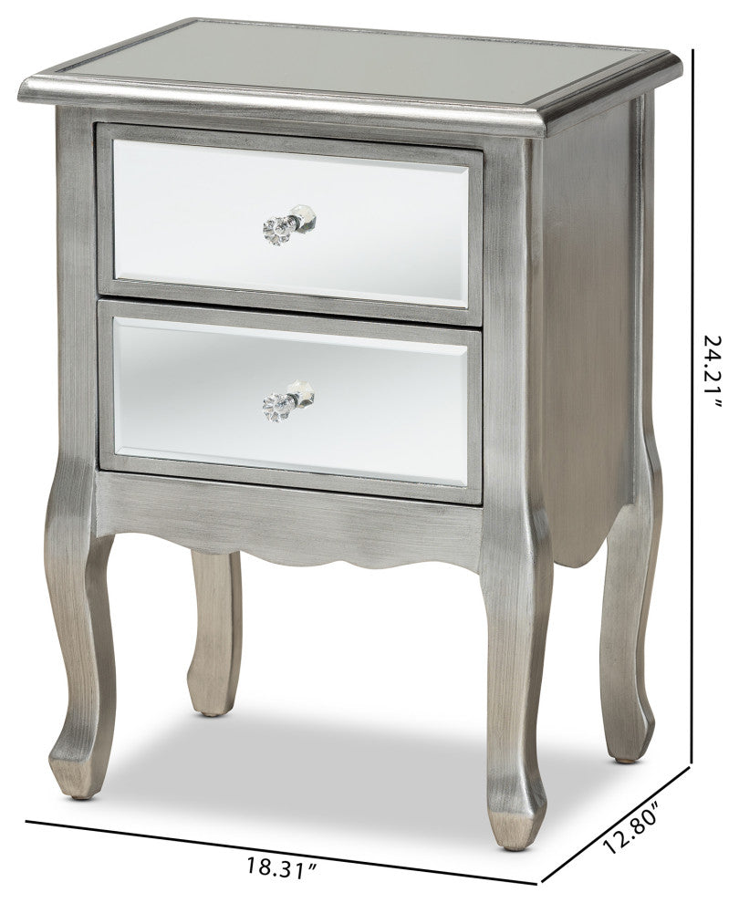 Leonie Modern Brushed Silver Finish Wood and Mirrored Glass 2-Drawer Nightstand