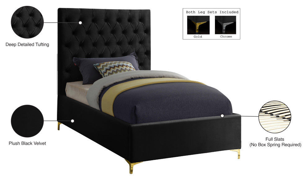 Cruz Velvet Upholstered Bed, Black, Twin