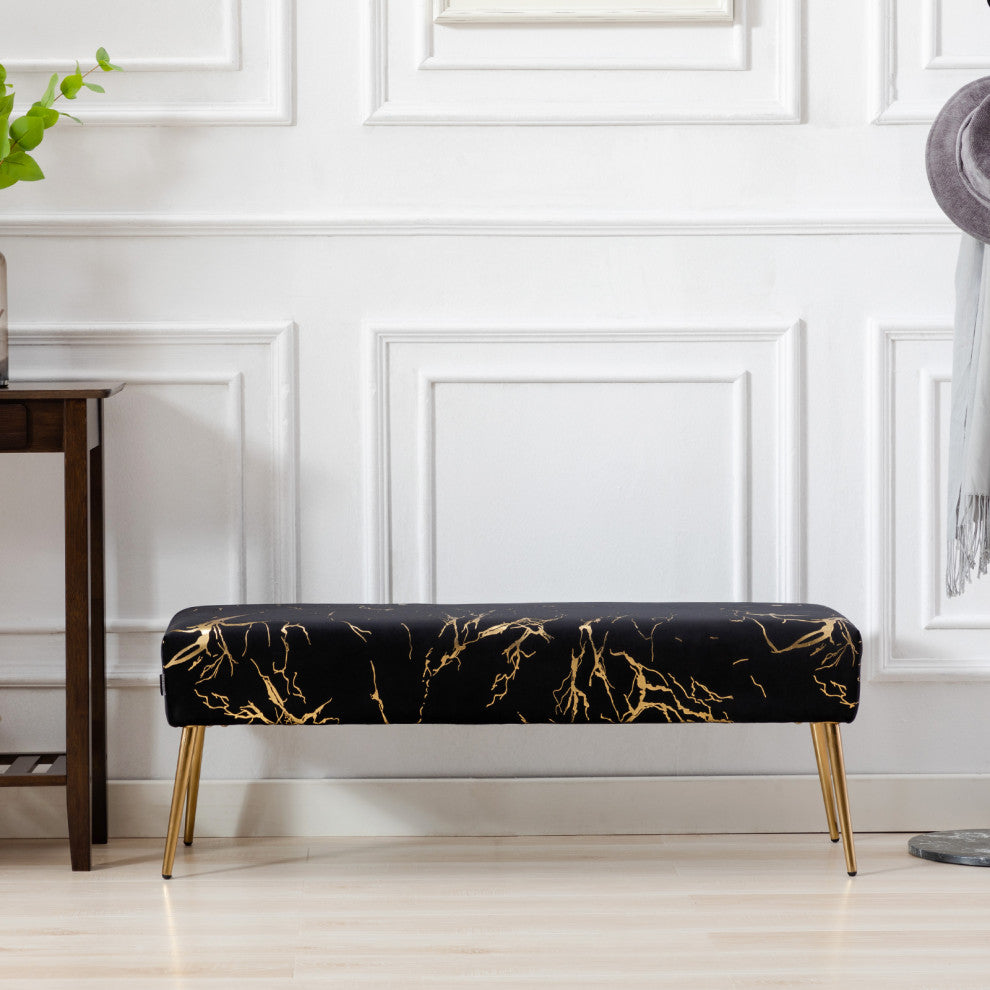 Textured Pattern Velvet Bedroom Bench, Black