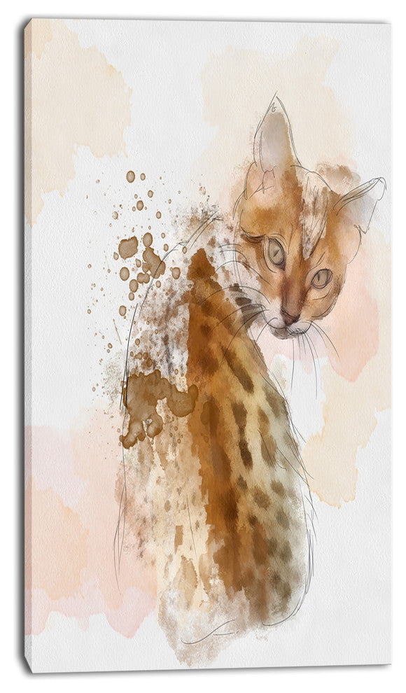 Cute Cat Sketch with Brown Splashes, Animal Canvas Art Print, 16"x32"