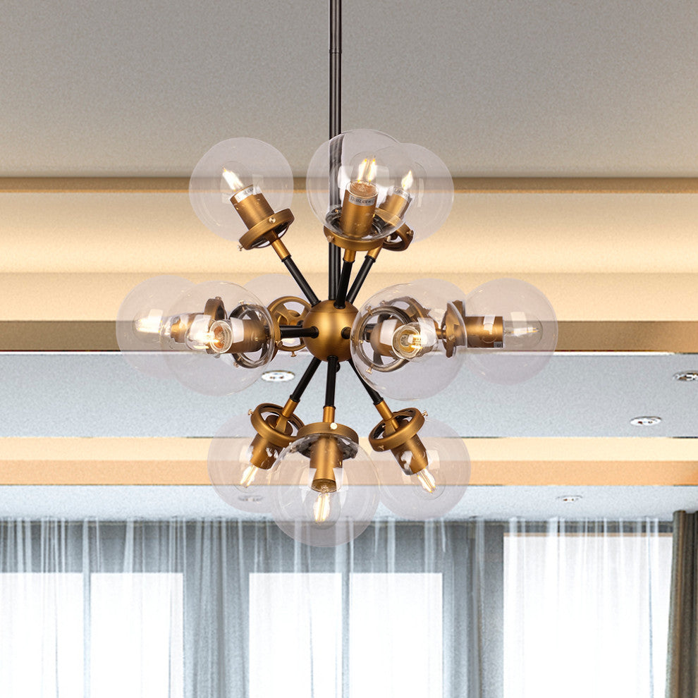 Large Black and Gold Globe Sputnik Chandelier, 12-Light Modern Farmhouse, Linea