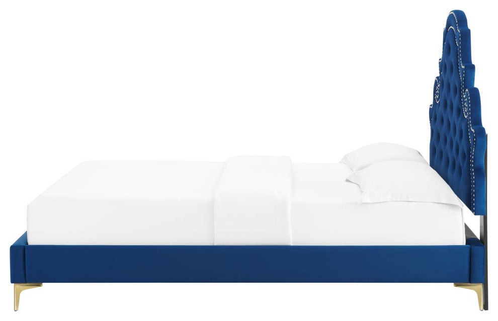 Tufted Platform Bed Frame, Twin Size, Velvet, Blue Navy, Modern Contemporary