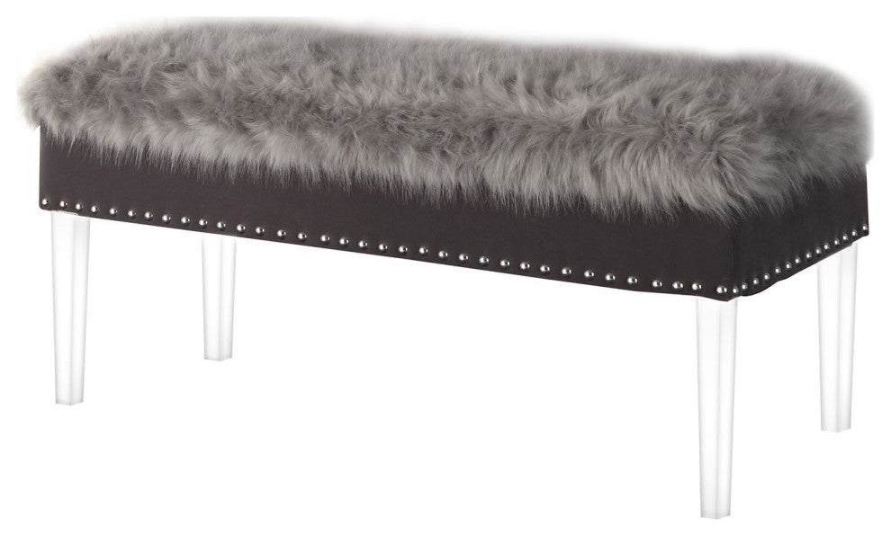 Contemporary Chic Gray Faux Fur and Clear Acrylic Storage Bench