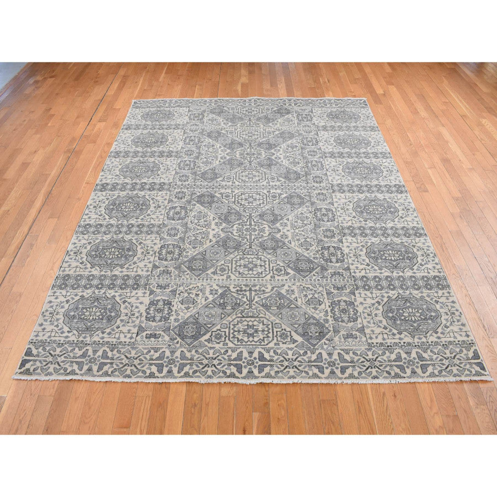Gray, Ottoman Mamluk Design, Hand Knotted, Undyed Natural Wool Rug, 8'2"x10'5"