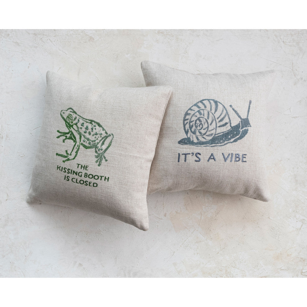 16" Square Linen Printed Pillow, Snail, "It''s a Vibe" Text Embroidery, Gray