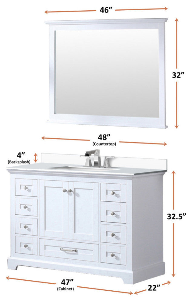 Dukes 48" White Single Square Sink Vanity with Quartz Top, With Mirror and Fauce