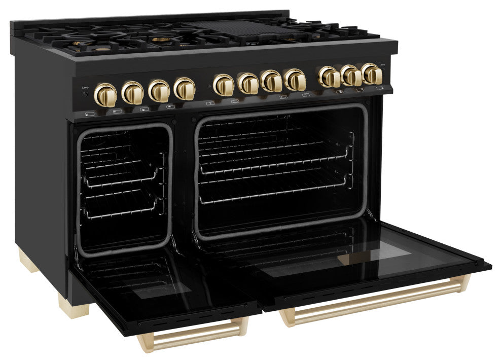 ZLINE 48" Dual Fuel Range, Black Stainless Steel With Gold Accents RABZ-48-G