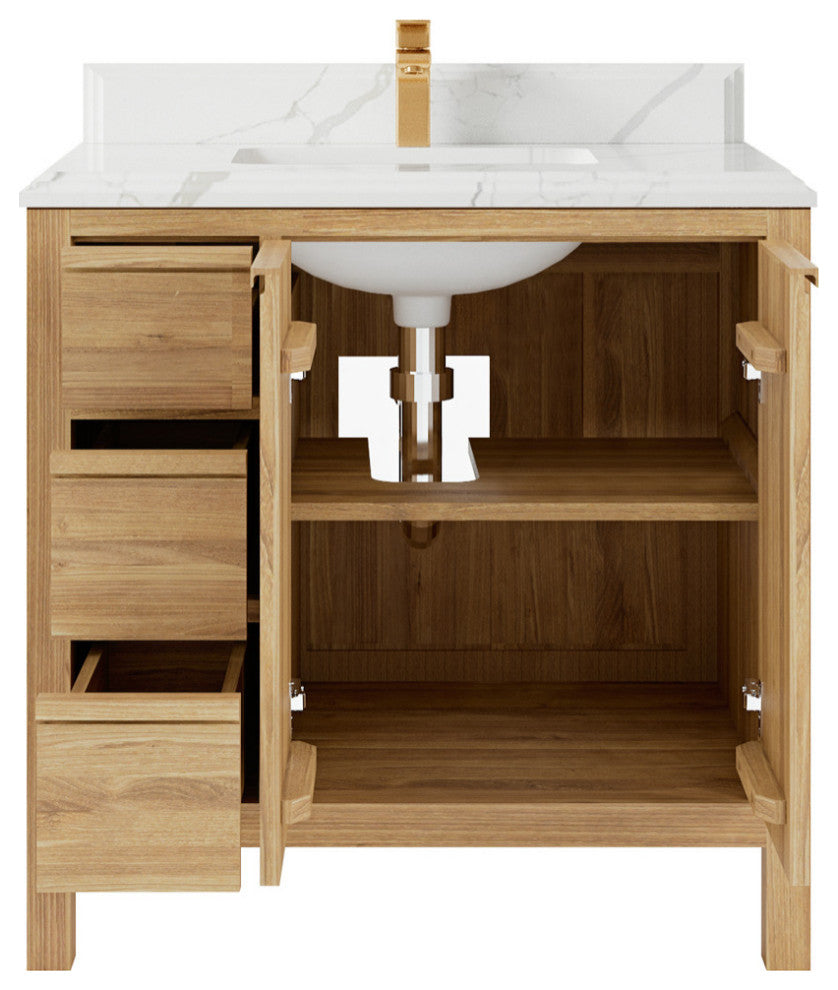 Elizabeth 36 Center Sink Bath Vanity in Light Natural Teak 1.5" Calacatta Laza