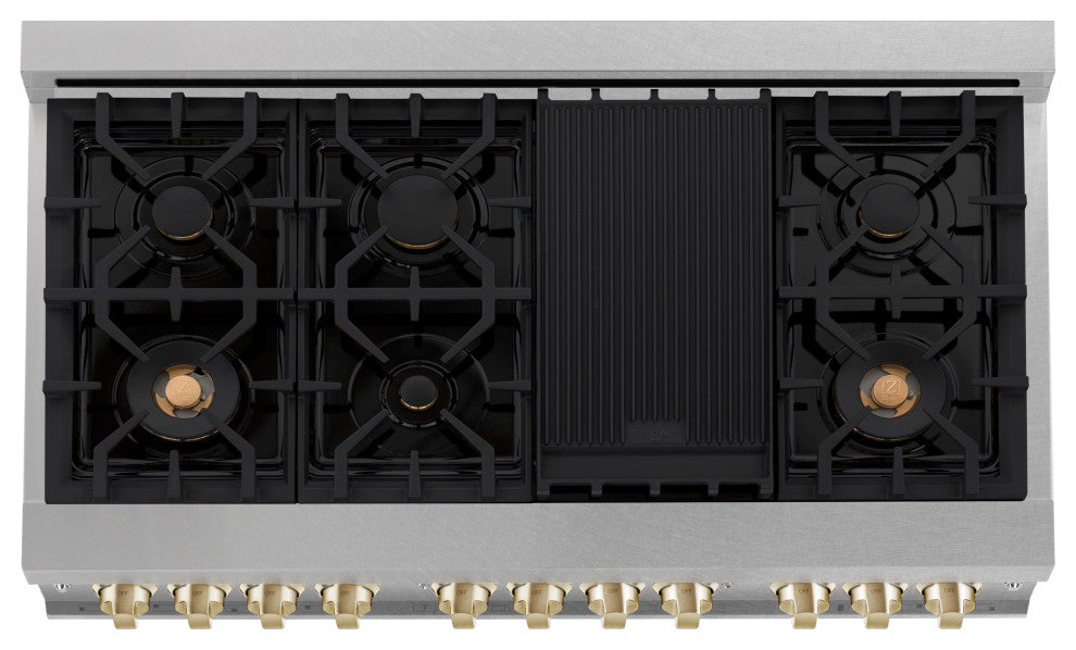 ZLINE 48" Dual Fuel Range, DuraSnow With Gold Accents RASZ-SN-48-G