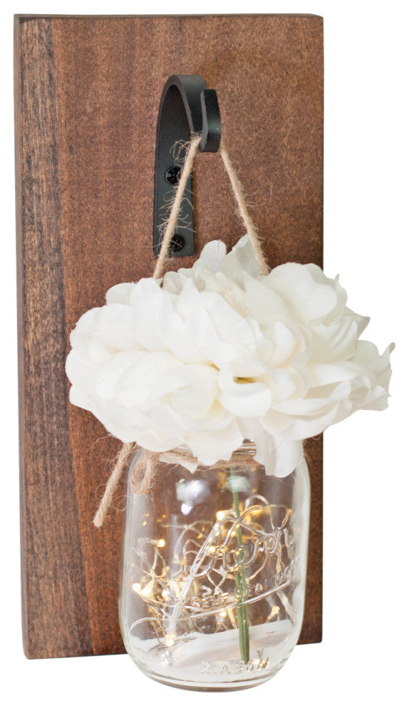 Mason Jar Sconce Wall Decor Walnut Color White Flower Narrow Hook with Lighting