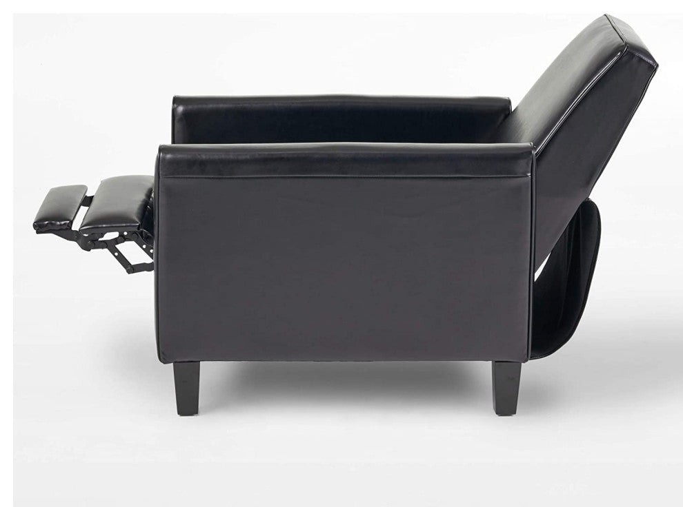 Modern Black Leather Recliner Chair, Tapered Legs, Track Arms for Home or Office
